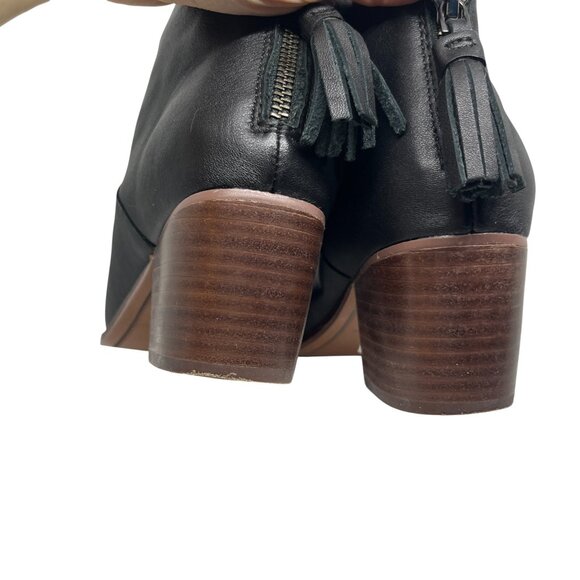 TOMS BLACK LEATHER HEEL ANKLE BOOTS 6.5 WOMENS BACK  ZIP TASSEL BOOTIES WOOD HEE - Picture 9 of 16